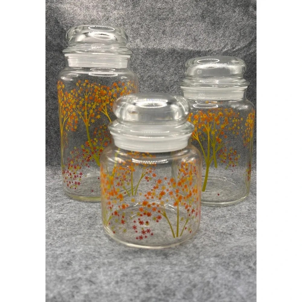 Vintage Glass Canister Set 3 Autumn Floral Tree Orange Yellow Red USA Made